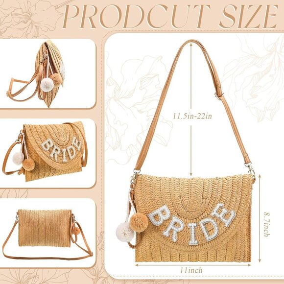 Straw Bride Clutch Bag Rhinestone Letter Purse for Wedding Bachelorette Party - Picture 2 of 7